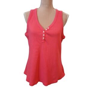 Lands End Womens XL Pink Ribbed Cotton Henley Tank Top Sleeveless V-Neck